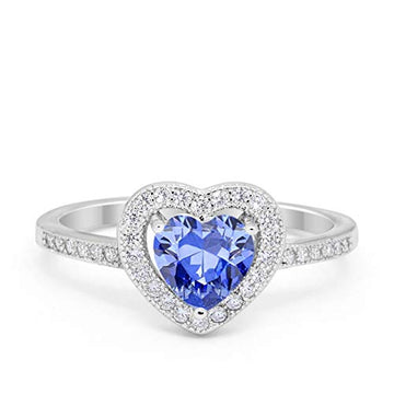 Halo Dazzling Heart Promise Ring Simulated Tanzanite CZ 925 Sterling Silver